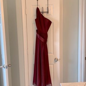 Maroon one shoulder with slit bridesmaids dress